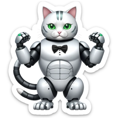 Robot Buff Jacked up Huge jumbo Super Duper Muscular Cat with a 10 pack full body black and white tuxedo colored body and green eyes  sticker