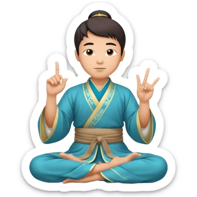 asian man in hanfu closing sitting in lotus pose, pointing one finger to sky as wisdom gesture sticker