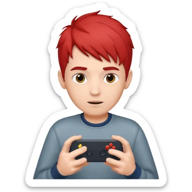 A boy with half gary hair and half red hair playing video game in is mobile  sticker