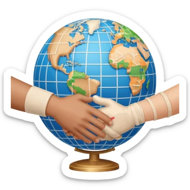 instead of two hands holding a globe, we have two hands handshaking in front of a globe. And in the background, we can see that the globe has a bandage or something. THE GLOBE HAS THE BANDAGE NOT THE HANDS sticker