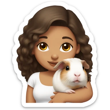 a Latina girl with long dark brown hair and light skin wearing a white tube top shirt snuggling a baby guinea pig sticker