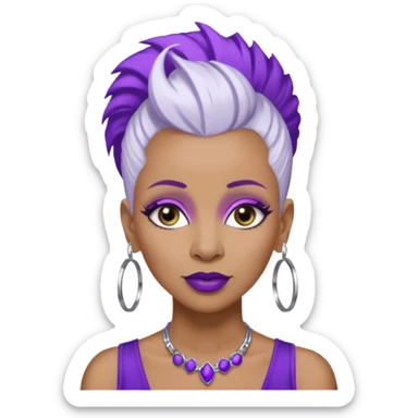 57 years young,  brown skinned Black queen with a  no hair on side and a  white mohawk hairstyle, purple lipstick,  purple eyeshadow,  droopy looking  eyes, hoop  design 
 earrings with the name Draya personalized on them.  sticker