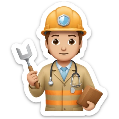 Brick mason wearing a hard hat but in a doctors gown emoji holding a trowel sticker