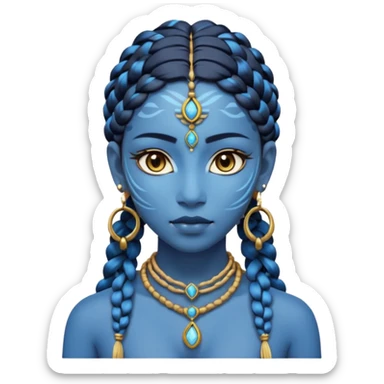 Illustrate a Pandora-style female avatar with radiant blue skin, intricate facial markings, twin braids flowing down, and deep luminous eyes. She wears golden earrings and a tribal rope necklace with a gem, her calm yet powerful gaze reflecting the spirit of the Na’vi. sticker