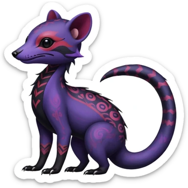 Rare warm-colored exotic gloomy tropical edgy cute epic aesthetic spooky indigo violet purple black red gothic colorful Salandit-Civet-species-Fakemon-hybrid-creature, with tribal tattoo markings, full body sticker