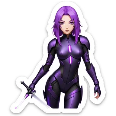 A sleek warrior woman with flowing purple hair, her sharp violet eyes glowing with quiet intensity. She wears a form-fitting black armored suit with smooth, seamless plating, a fusion of high-tech design and elegant minimalism. The matte black surface subtly reflects the dim ambient light, highlighting the streamlined contours of her suit. A slim, obsidian blade rests at her side, its edge barely visible in the soft glow of floating digital glyphs around her. Her expression is poised—calm, calculated, and unwavering, standing against a gradient-lit backdrop, where darkness meets the faintest hint of neon luminescence. sticker