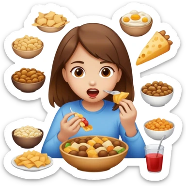 Girl with brown hair eating a lot of food sticker