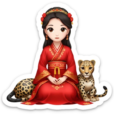 A beautiful girl in red Hanfu wedding dress sits on the ground holding a black leopard sticker