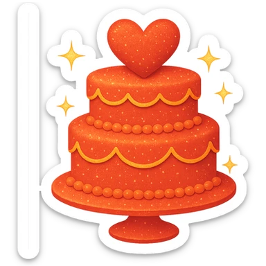 Add a sparkle effect to the red wedding cake with two tiers and hearts. Keep the background transparent. The style should resemble emoji style with bright colors and simple shapes. sticker