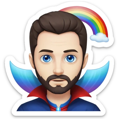 Vampire with blue eyes, short beard/scruff and rainbow moon behind him sticker
