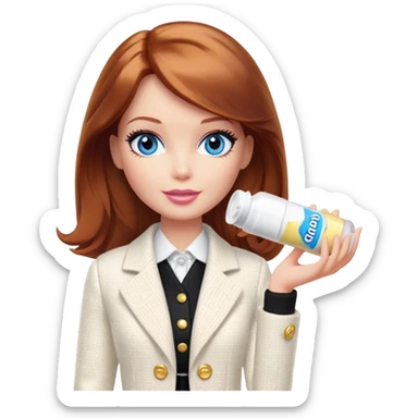 A Barbie girl with blue eyes, shoulder-length reddish-brown hair, made-up, in a white tweed jacket and black skirt, holding a tube of pale yellow face cream sticker