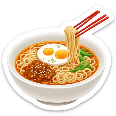 Wuhan hot dry noodles with sesame paste breakfast bowl, simplified emoji style with bold outlines and bright colors, cartoon style Hubei morning Re Gan Mian sticker