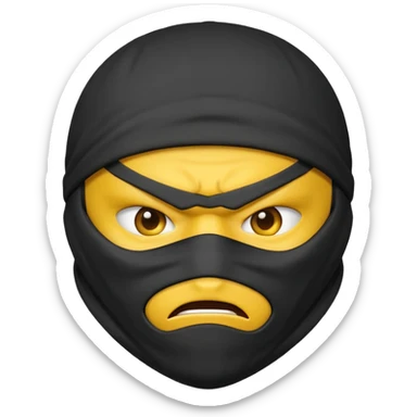 angry ninja face emoji with dark gray ninja mask, no visible skin, classic emoji yellow face sticker