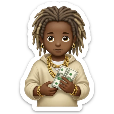 A baby with a lot of money in his hand with dreads and a chain that says MDB around his neck sticker