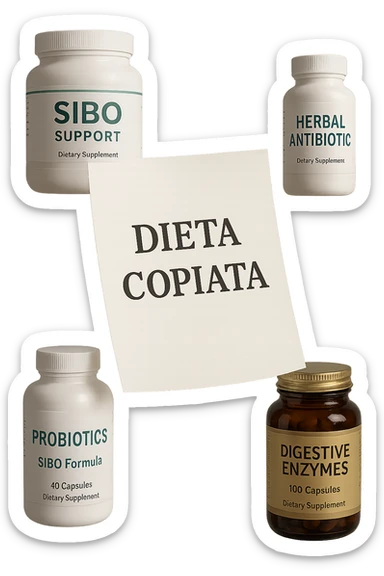 FOGLIO DI CARTA FLUTTUA IN ARIA CON LA SCRITTA "DIETA COPIATA", INSIEME A BARATTOLI DI INTEGRATORI PER CURARE IL SIBO, IPERREALISTICO 4K, NON DISEGNATO sticker