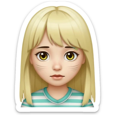 Girl with long straight dark brown hair and blonde striped streaks, with bangs. Light skin and dark eyes. Turn her into a cute zombie version — pale greenish skin, dark eyes, small wounds under eyes, keep her hair and mechas the same, emoji-style. sticker