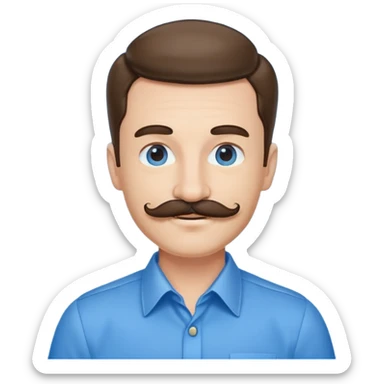 Business owner, well dressed, blue shirt, mustache, happy sticker