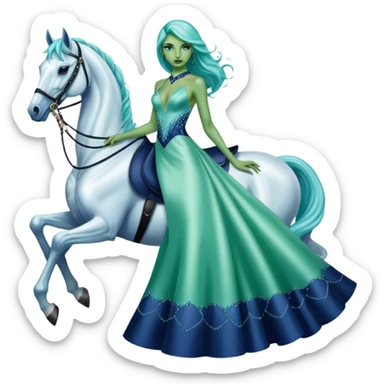 alien reptilian green skin woman, in long slim pastel blue formal party satin dress with gradient shiny sparkling navy blue diamonds embroidered , ride a White horse sticker