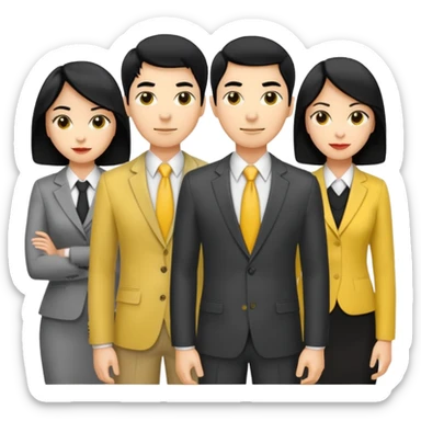 4 people, two man and two women,yellow skin office style,black hair, Half-body photo sticker