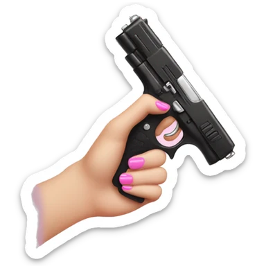 White girl hand with black nails holding a pink gun sticker