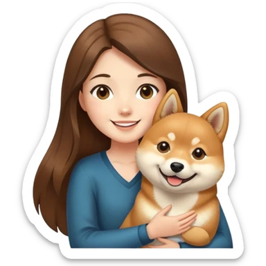 Brunette girl with long hair holding a smile Shiba Inu sticker