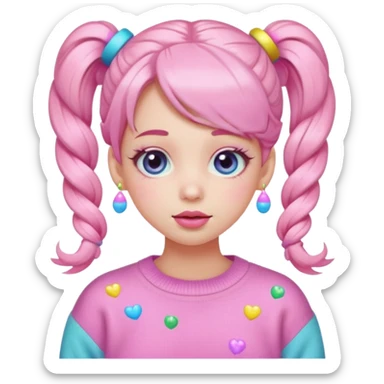 “Emoji girl, pastel pink blush, sparkly wide eyes, glossy bubblegum lips, hair in pigtails with colorful clips, oversized pastel sweater.” sticker