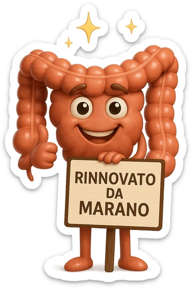 fammi un intestino identico a questo, ma felice e con le scintille di splendore dorate sopra, si sta rinnovando come se fosse in ottima salute, in mano ha un cartello con la scritta "RINNOVATO DA MARANO" sticker