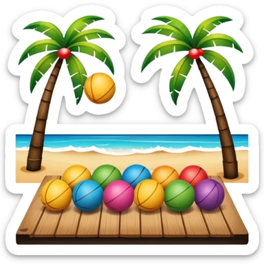 summer vibe frame with colorful balls, planks, and coconut trees, emoji style sticker