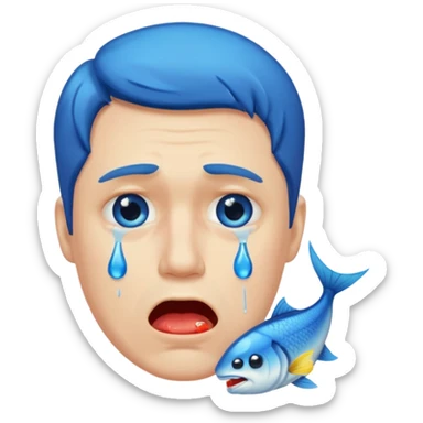 Man crying eating fish. make tears blue color sticker
