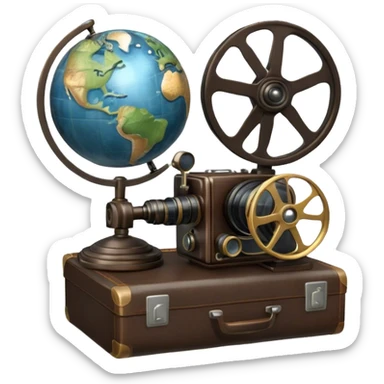 Icon for Documentary Film: A vintage movie poster style with a film reel, a camera, and a globe symbolizing exploration and knowledge. Include elements like a notebook, magnifying glass, and nature or historical visuals to evoke a sense of discovery. Transparent background. sticker