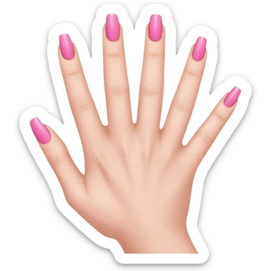  pink  close-up of a human hand with exactly five fingers, beautifully manicured nails, glossy pink nail polish, elegant nail shape, soft lighting, realistic style, isolated on transparent background" sticker
