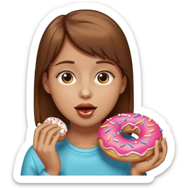 a person with brown hair, bege skin, eating a donut  sticker