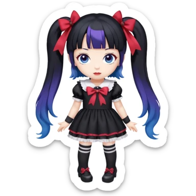 Chibi kawaii Kuromi, violet eyes, black-blue twin tails, red ribbons, red beanie, black & white lolita dress with red accents, white thigh-highs, black mary janes, cute aesthetic. sticker