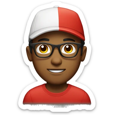 a young man with a red cap with black glasses sticker