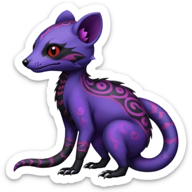 Rare warm-colored exotic gloomy tropical edgy cute epic aesthetic spooky indigo violet purple black red gothic colorful Salandit-Civet-species-Fakemon-hybrid-creature, with tribal tattoo markings, full body sticker