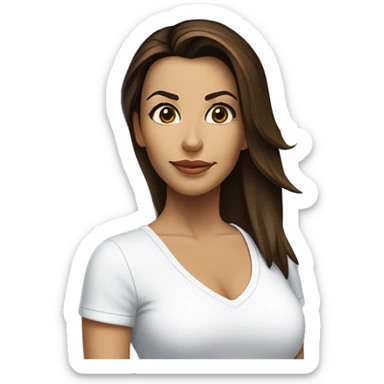 3/4 face, contrasted, shadow, light, Eva Longoria expression, standing from a distance, thin nose, brunette woman, hazel eyes, long eyelashes, dark shoulder shaded hair, white t-shirt, jeans, white sneakers sticker