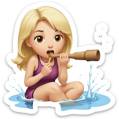 blond woman sitting on her knees, biting a wide stick with a D-shaped knob, both the same color as her skin, the knob has visible skin texture, water jet shooting from the flat side of the knob into her mouth, surprised look sticker