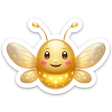 Cinematic tiny glowing firefly, round and chubby, soft golden light, tiny happy face, gentle floating motion, surrounded by dreamy sparkling dots. sticker