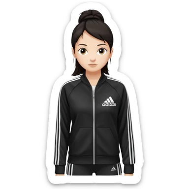 A girl with  medium length, dark hair, fair skin. The style is a layered cut that falls around her shoulders. wore black Adidas track jacket with white stripes on the sleeves. It has a full zipper down the front, a stand-up collar, and the Adidas logo on the right chest emoji sticker