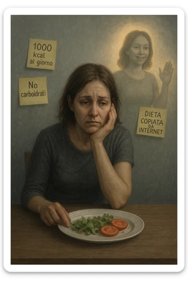 Donna tra i 30 e i 40 anni seduta a tavola, davanti a un piatto quasi vuoto con solo insalata e due fette di pomodoro. Il suo volto è visibilmente triste, stanco, con occhi spenti. Intorno a lei, foglietti attaccati con scritte come '1000 kcal al giorno', 'No carboidrati', 'Dieta copiata da internet'. L’atmosfera è fredda, grigia, priva di energia. Il suo corpo appare spento e scarico. Sullo sfondo, la sagoma di sé stessa più felice e piena di vitalità, come ricordo di un approccio migliore mai seguito. Stile realistico e simbolico sticker