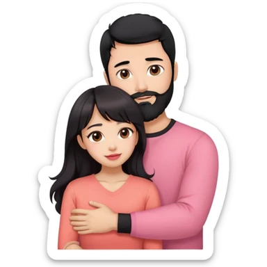 handsome asian man with black hair and beard, hugging cute woman with light tan skin, big black eyes, long wavy reddish brown hair, bangs, pink top, coral lipstick sticker