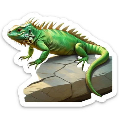 cinematic-iguana-realistic-full-body-basking-emoji,-long-scaly-body-stretched-out-on-a-sunlit-rock,-spiny-ridge-running-down-its-back,-textured-green-and-brown-skin-dappled-with-light,-sharp-intelligent-eyes-studying-the-surroundings,-long-tail-draped-over-the-stone,-simplified-yet-realistic-focused-features,-highly-detailed,-glowing-with-a-warm-tropical-glow

 sticker