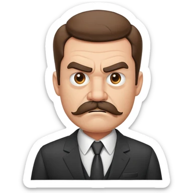 A grumpy cartoon man with a bushy mustache and angry expression, wearing a business suit sticker