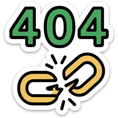 404 in green and black, color outline icon style, with a broken link symbol sticker