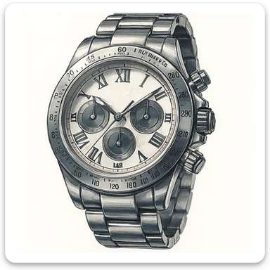 Сгенерируй мне часы металические, дорогие, в чуть рисованном стиле. На чисто белом фоне. БЕЗ НАДПИСЕЙ. Но при этом объмная и яркая sticker