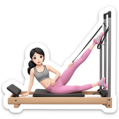 Create a Pilates emoji: a girl with fair skin and black hair, wearing a grey bra and grey leggings with pink pilates socks, doing sitted stomach massage on a wooden reformer and not looking at the camera. Make the colors neutrals. sticker
