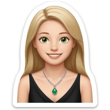 confident CEO named Freya McOmish, smiling, hazel green eyes, straight long hair parted in the middle, subtle freckles, broad shoulders, wearing a black evening dress sticker
