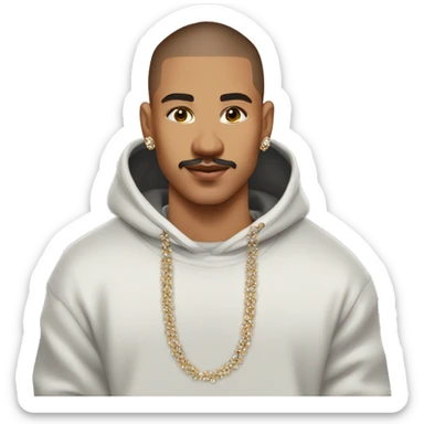 brown middle short buzzcut haired, 25 years old tanned boy with mustache wearing streetstyle hoodie and diamond chain sticker