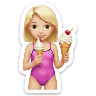 girl kid blone haired swimsuit, eating ice cream, sun sticker