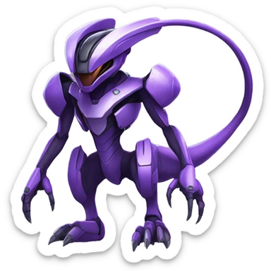 a black-purple Genesect-Raptor-Fakémon—hybrid with a futuristic visor-helmet full body sticker